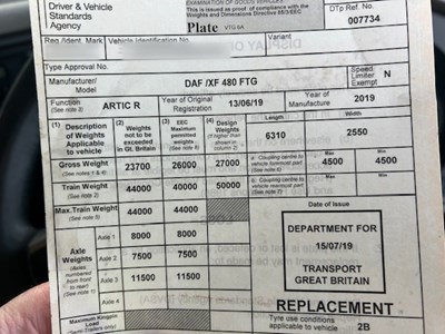 Lot 43 - 2019 DAF XF 480 FTG 6x2 Tractor Unit Euro 6