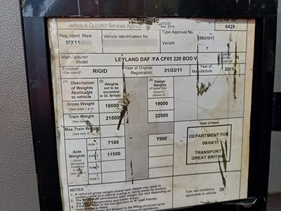 Lot 11 - 2011 DAF CF65 220 BOD V 4x2 Rigid Curtainside Euro 5